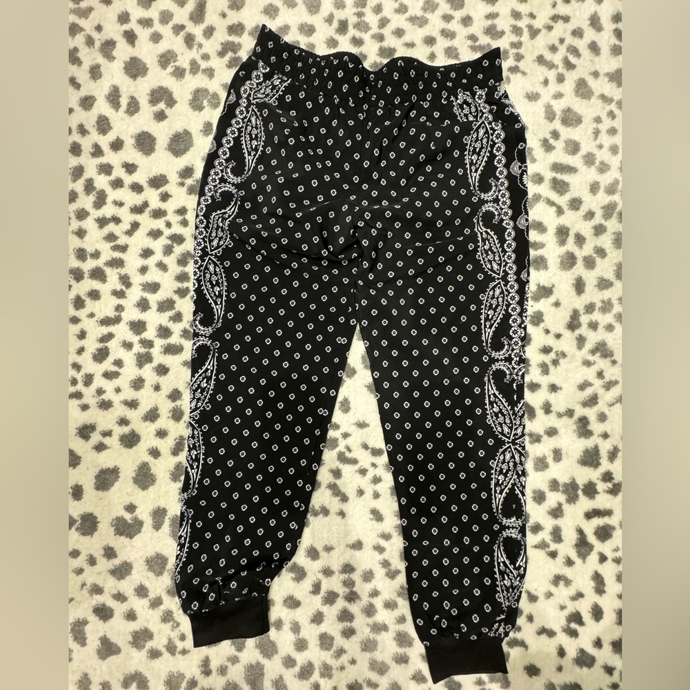 Women’s Aqua Black + White Printed Satin/Poly Joggers - Size LG